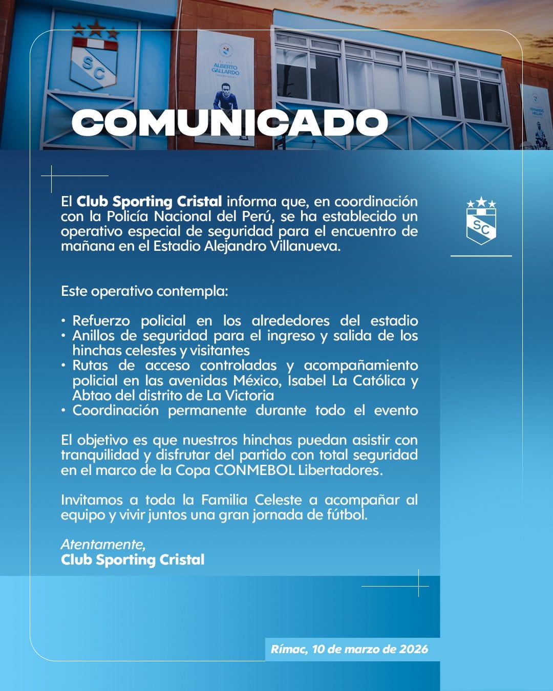 El operativo de Sporting Cristal en coordinación con la Policía Nacional del Perú. (Imagen: Sporting Cristal)