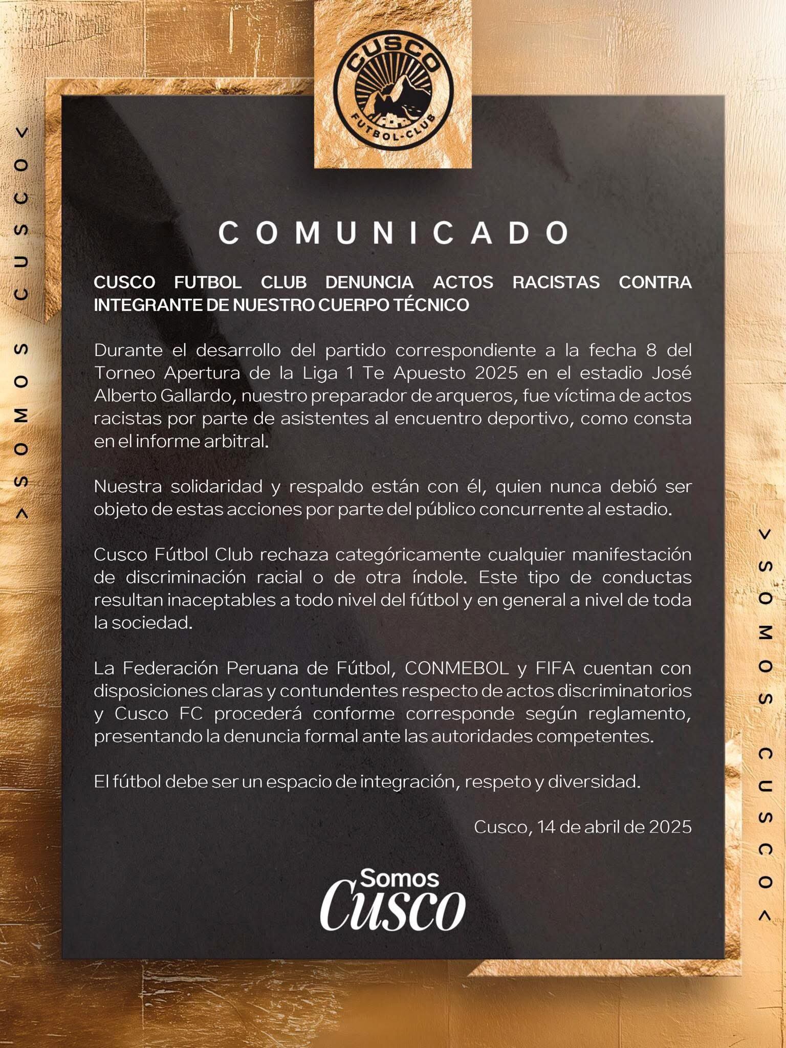 Comunicado del cuadro 'dorado' donde confirma la denuncia que presentará ante las autoridades pertinentes. (Foto: Cusco FC)