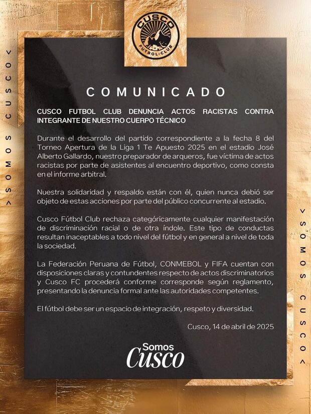 Comunicado del cuadro 'dorado' donde confirma la denuncia que presentará ante las autoridades pertinentes. (Foto: Cusco FC)