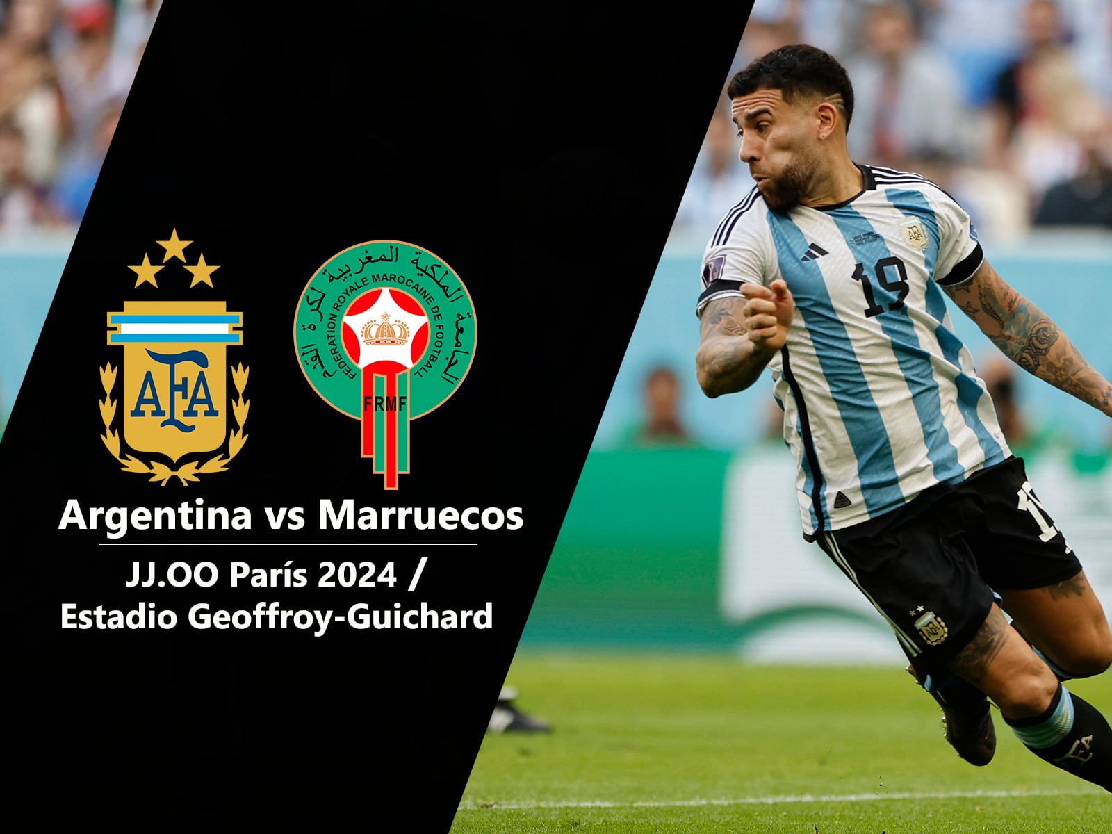 Argentina, con Nicolás Otamendi, se enfrentará a Marruecos en el inicio del grupo B del fútbol olímpico en París 2024.| Foto: AFP / Composición: Héctor Honores