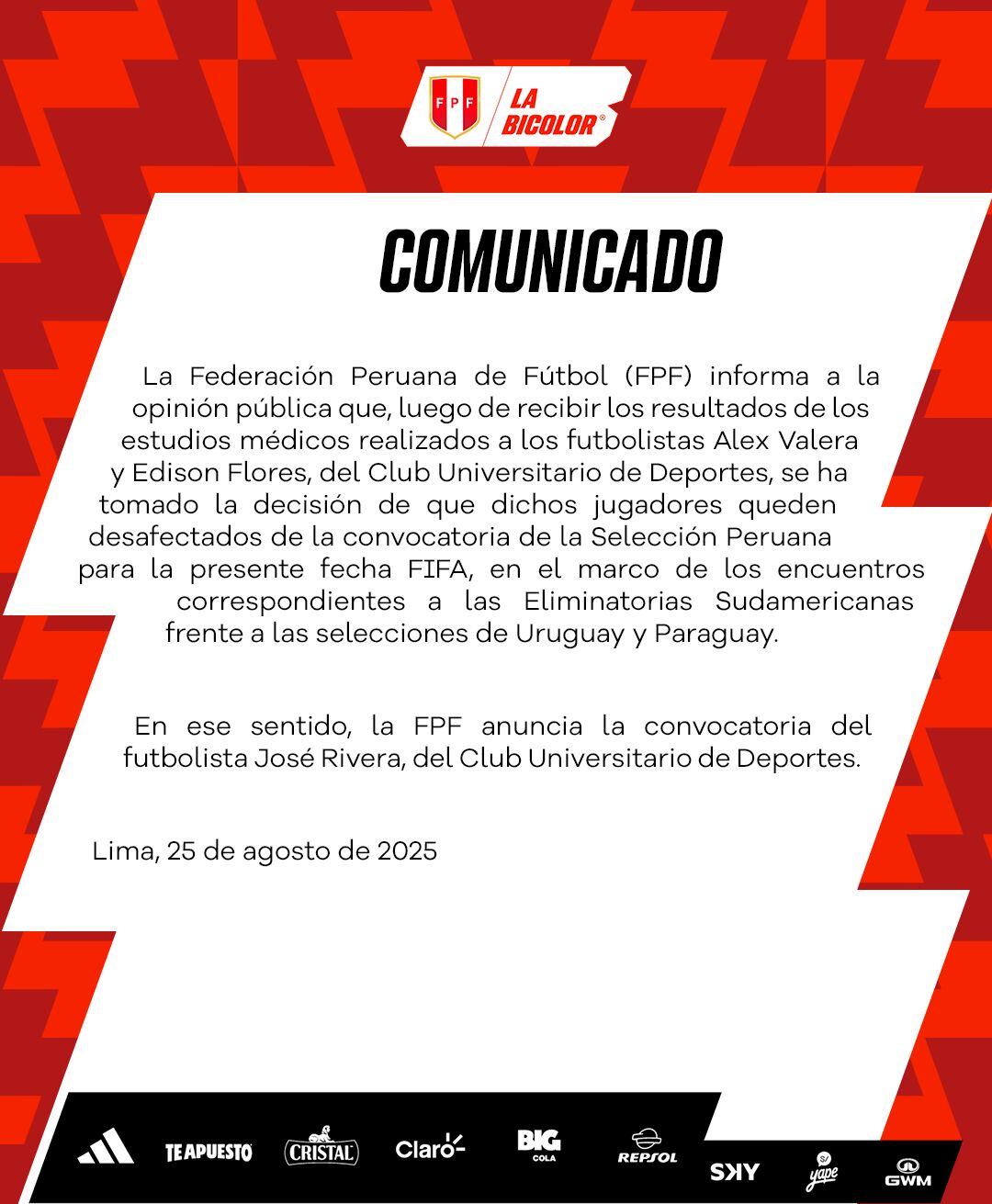 Comunicado oficial con el llamado de José Rivera y desconvocatoria de Alex Valera y Edison Flores. (Imagen: FPF)