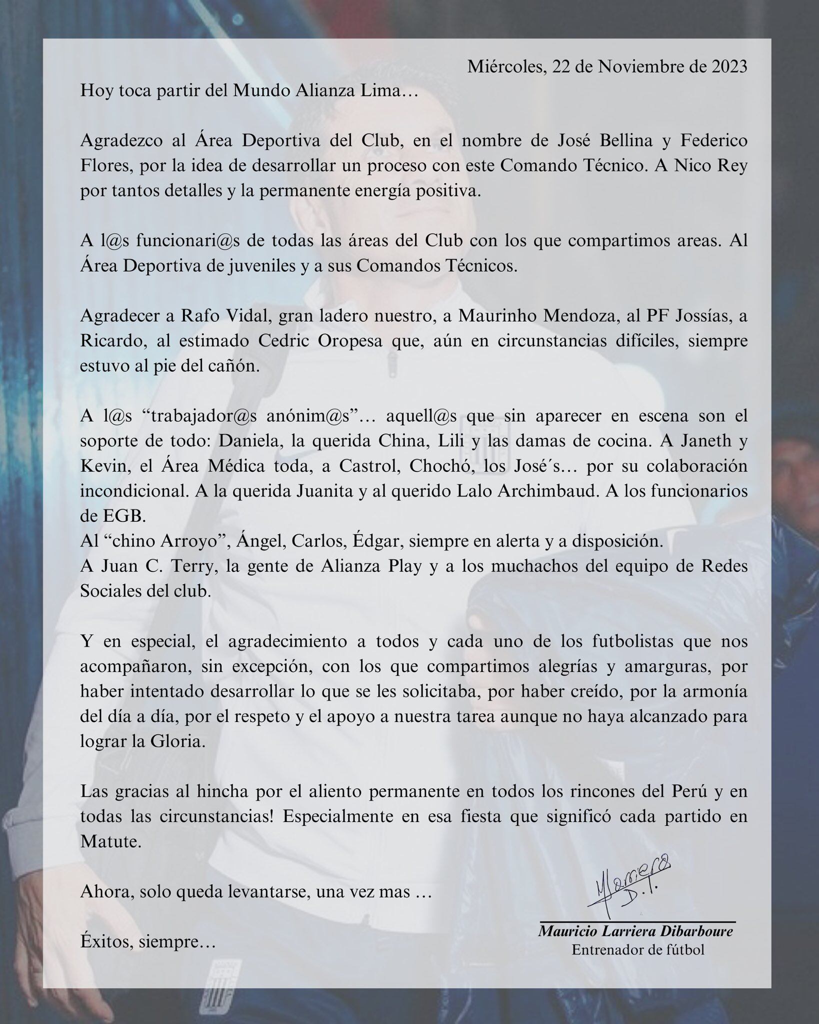 El comunicado de Mauricio Larriera.