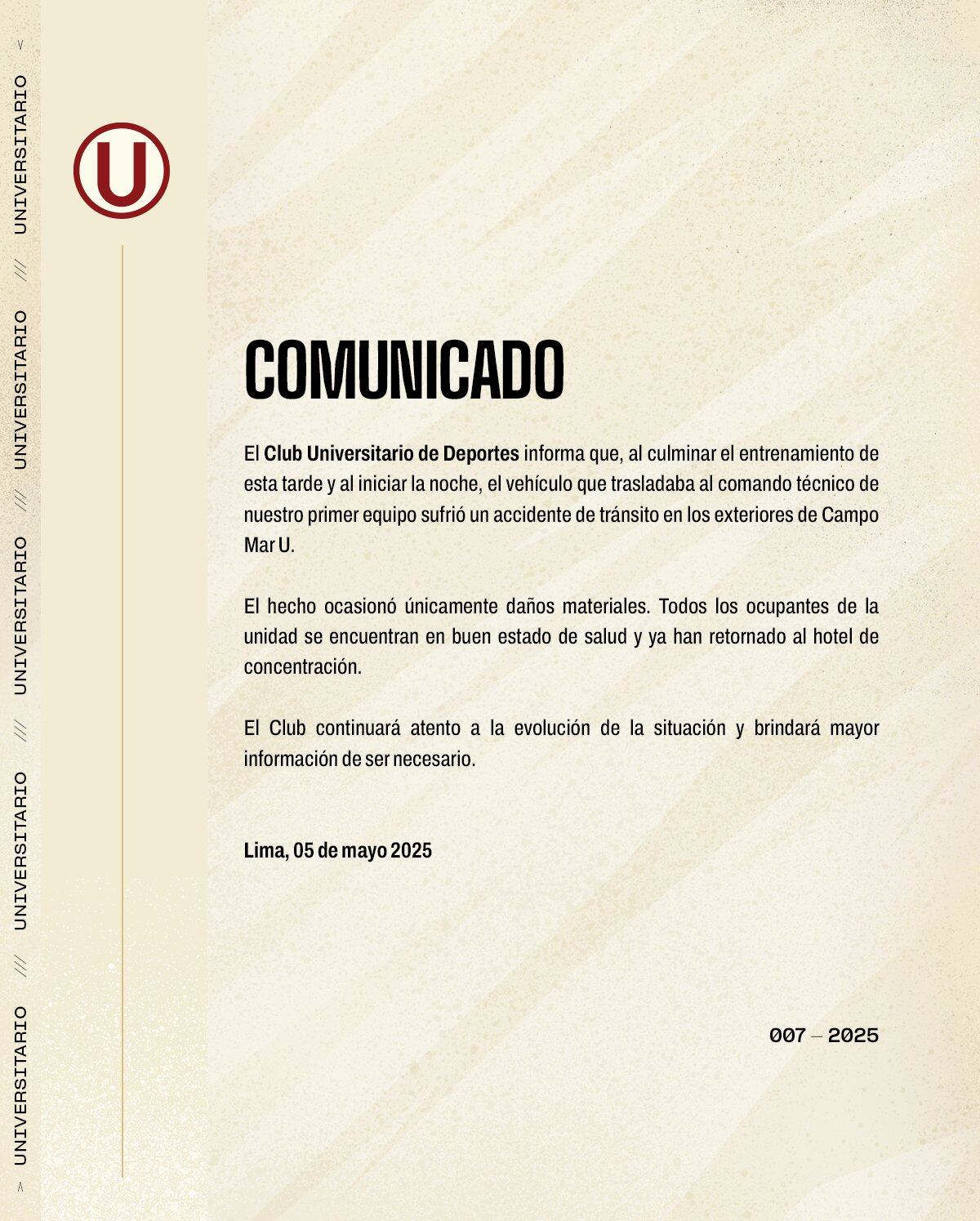 Comunicado de Universitario de Deportes con respecto al estado de salud de Jorge Fossati.
