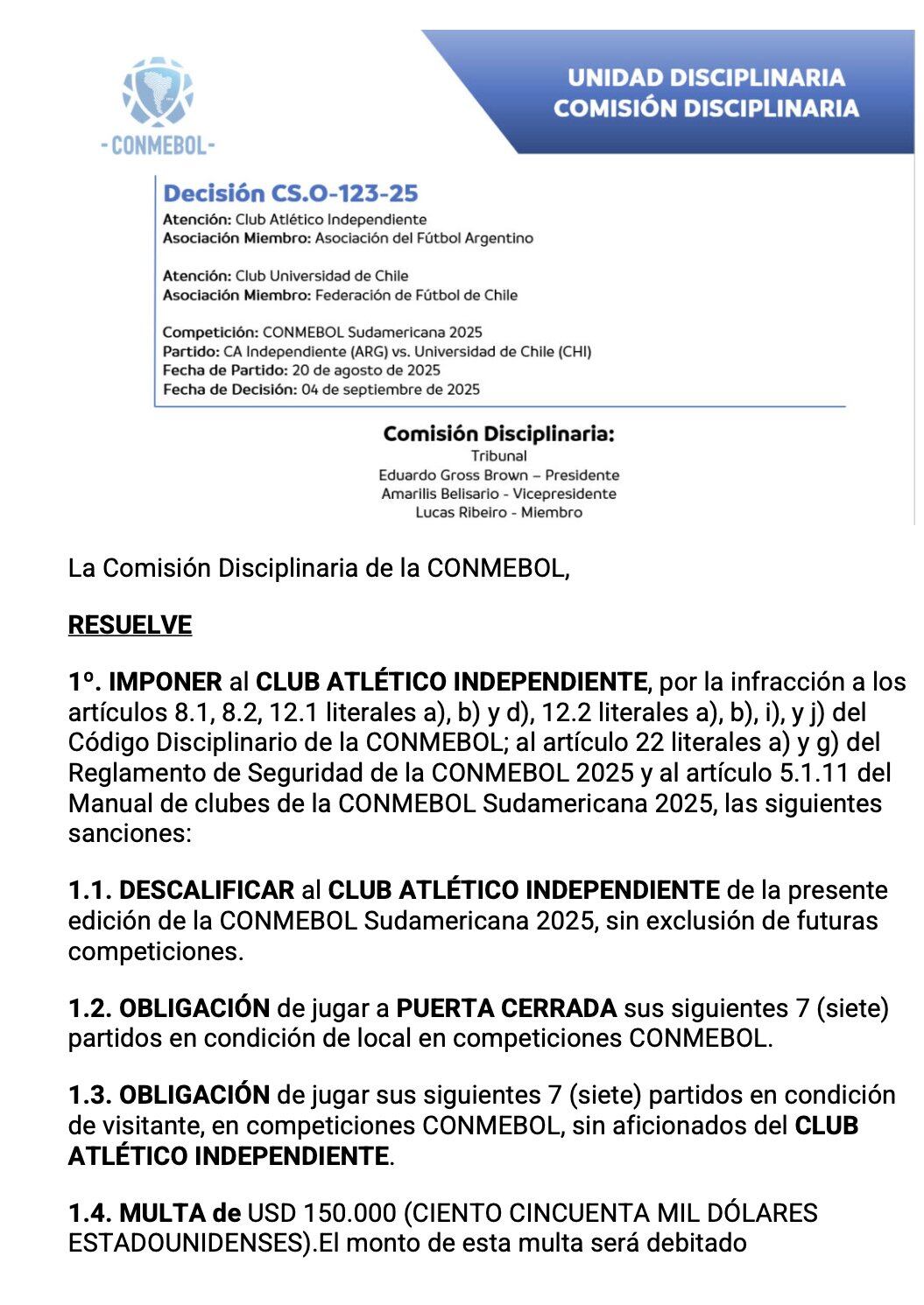 Documento oficial de CONEMBOL sobre la resulución del caso | FOTO: CONMEBOL