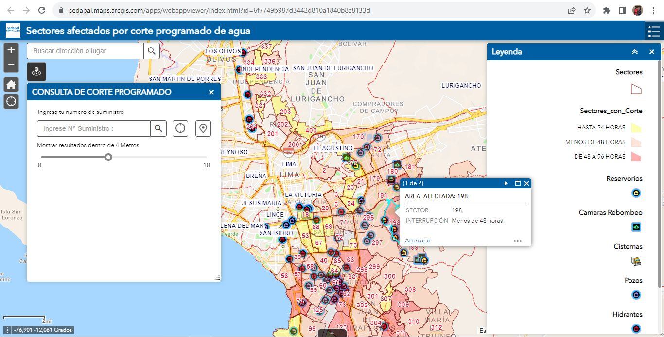 Sedapal puso a disposición una plataforma para revisar si serás afectado con el corte de agua desde el 6 de octubre (Foto: Sedapal).