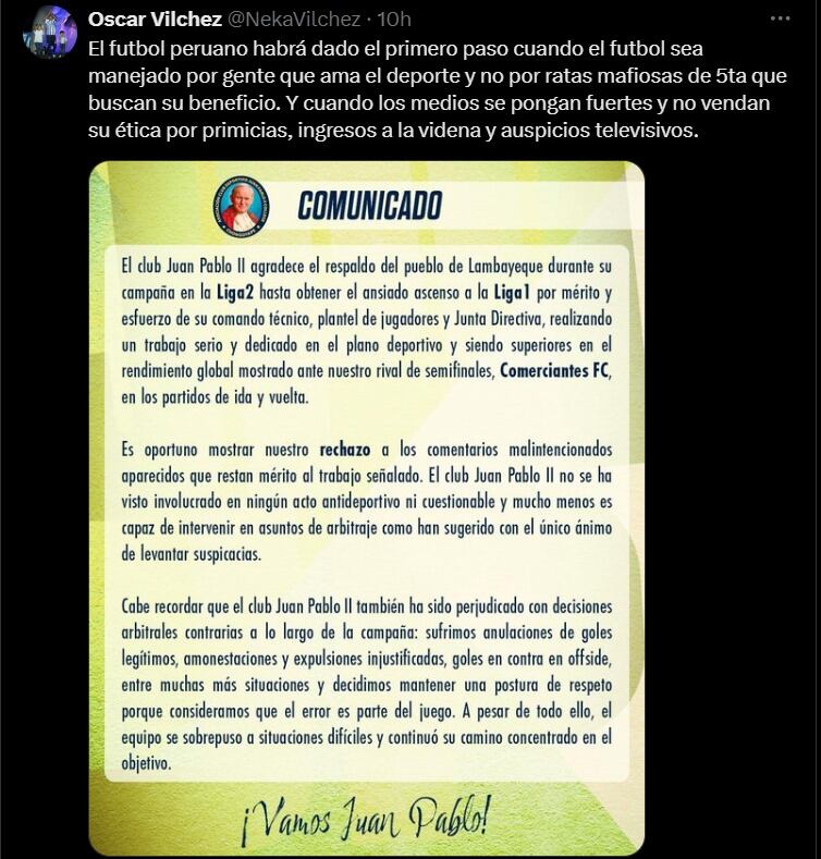 Mensaje de Oscar Vílchez contra Juan Pablo II. (Foto: Captura de 'X').