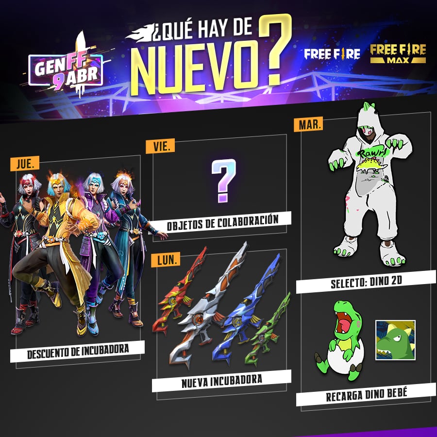 Free Fire comparte la agenda semanal del 7 al 12 de abril de 2022 con Dino Bebé o el Dino 2D. (Foto: Garena)