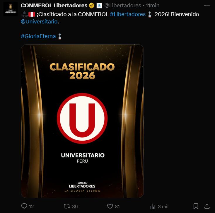 Post de bienvenida de la Conmebol a Universitario para la edición del 2026 de la Copa Libertadores. (Foto: Captura X)