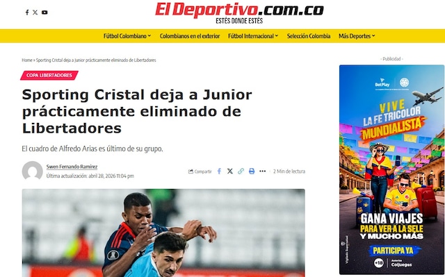 La reacción de la prensa colombiana al triunfo de Sporting Cristal sobre Junior de Barranquilla. (Imagen: Captura)