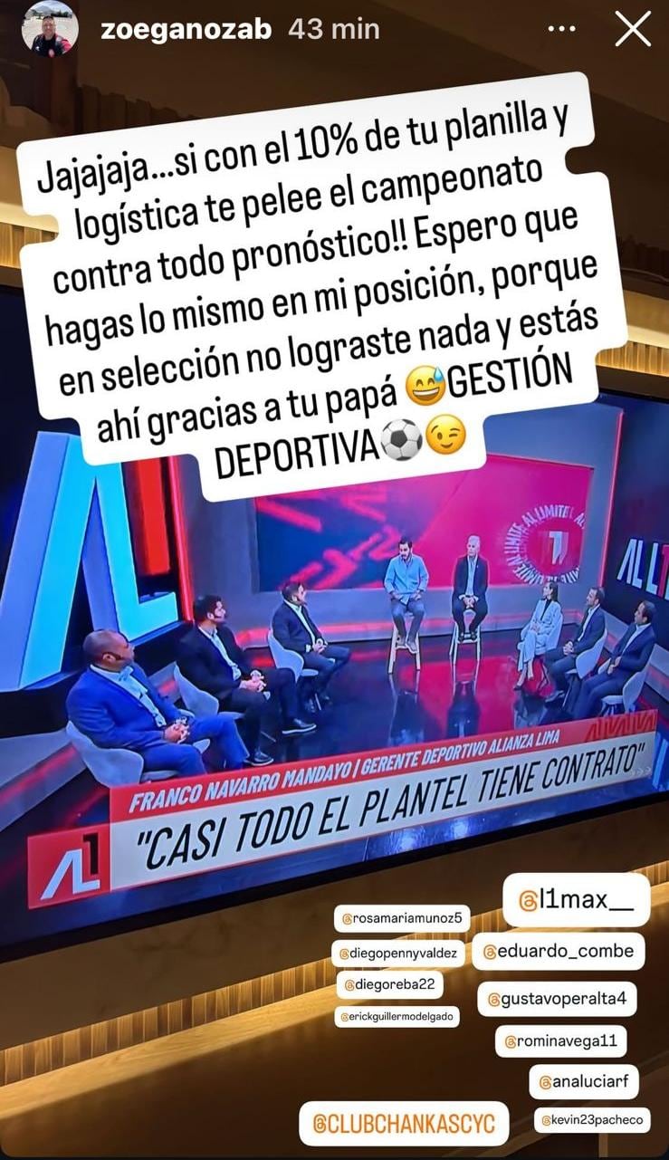 Zoe Ganoza, director deportivo de Los Chankas, habló sobre Franco Navarro Mandayo, gerente deportivo de Alianza Lima, en su cuenta de Instagram. (Imagen: Captura de Instagram)