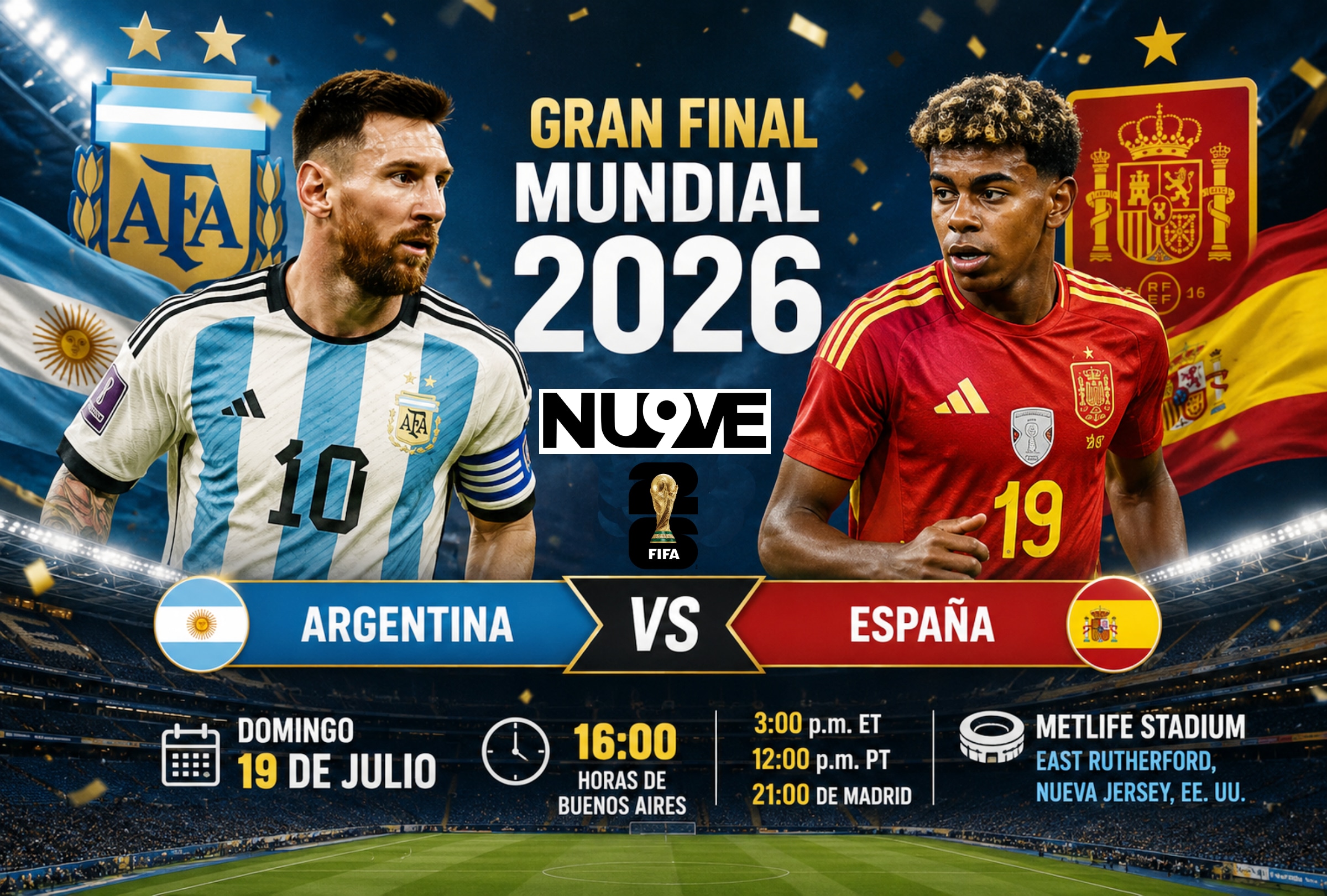 EAST RUTHERFORD, NUEVA JERSEY (ESTADOS UNIDOS), 19/07/2026.- Cobertura oficial de Nu9ve (Canal 9) EN VIVO GRATIS para mirar el partido Argentina vs. España hoy por la gran final del Mundial 2026 en el MetLife Stadium de East Rutherford, Nueva Jersey. FOTO DE NOÉ YACTAYO
