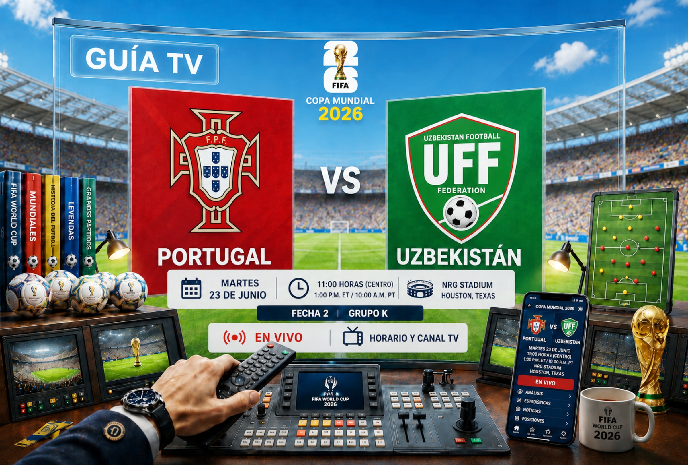 HOUSTON, TEXAS (ESTADOS UNIDOS), 23/06/2026.- Lista de horarios y canales de televisión en diferentes países del mundo para ver el partido entre Portugal y Uzbekistán este martes 23 de junio por la fecha 2 del Mundial 2026 en el NRG Stadium de Houston, Texas. FOTO DE NOÉ YACTAYO