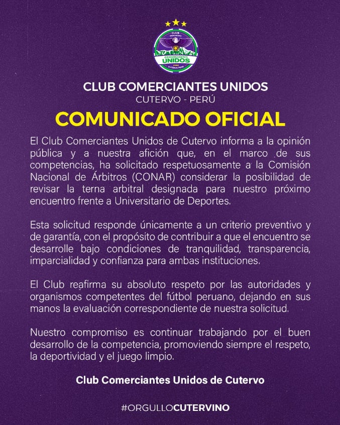 Comunicado oficial de Comerciantes Unidos. (Foto: @comerciantes_unidoscutervo)