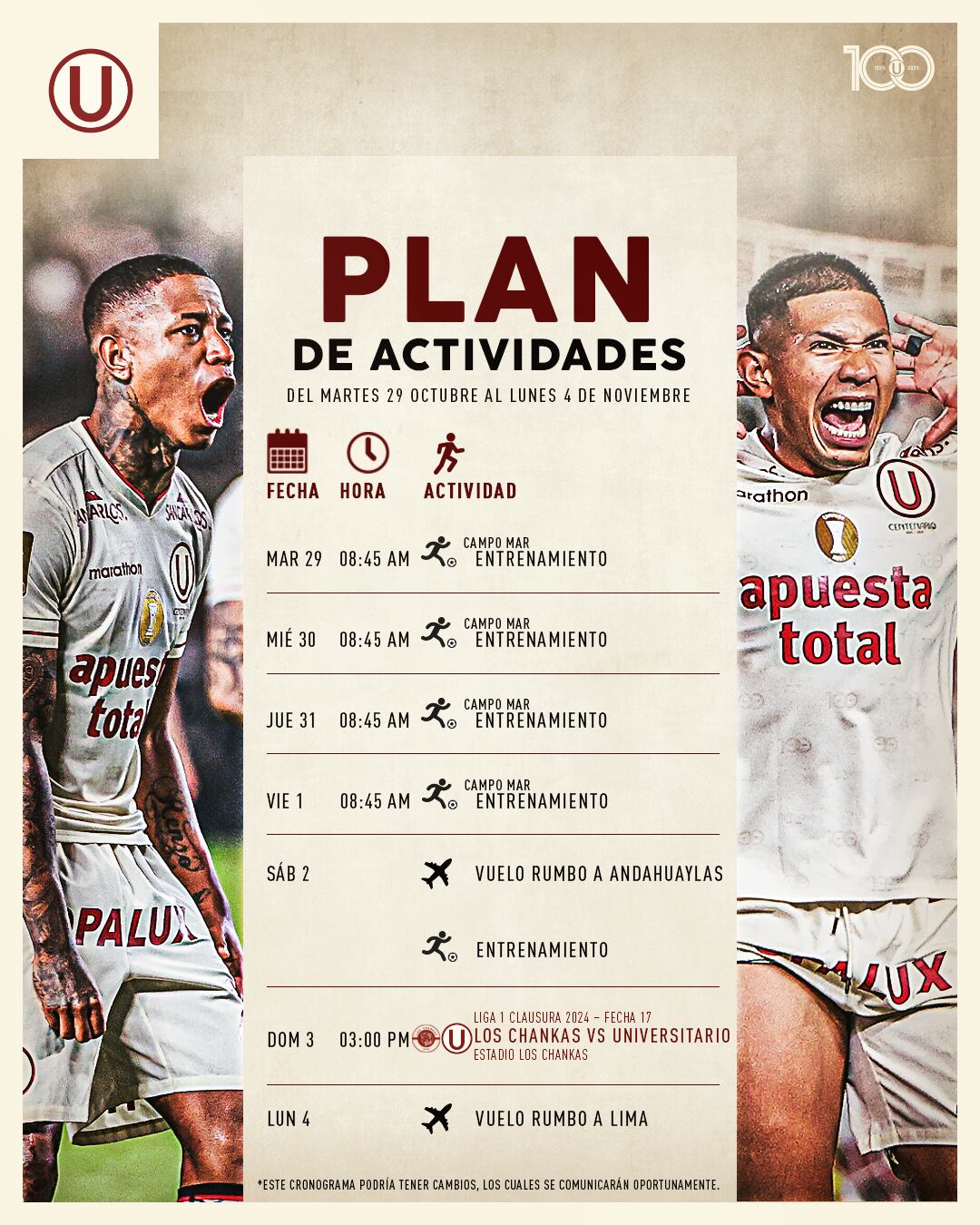 El plan de actividades de la 'U' en esta semana. (Foto: Universitario)
