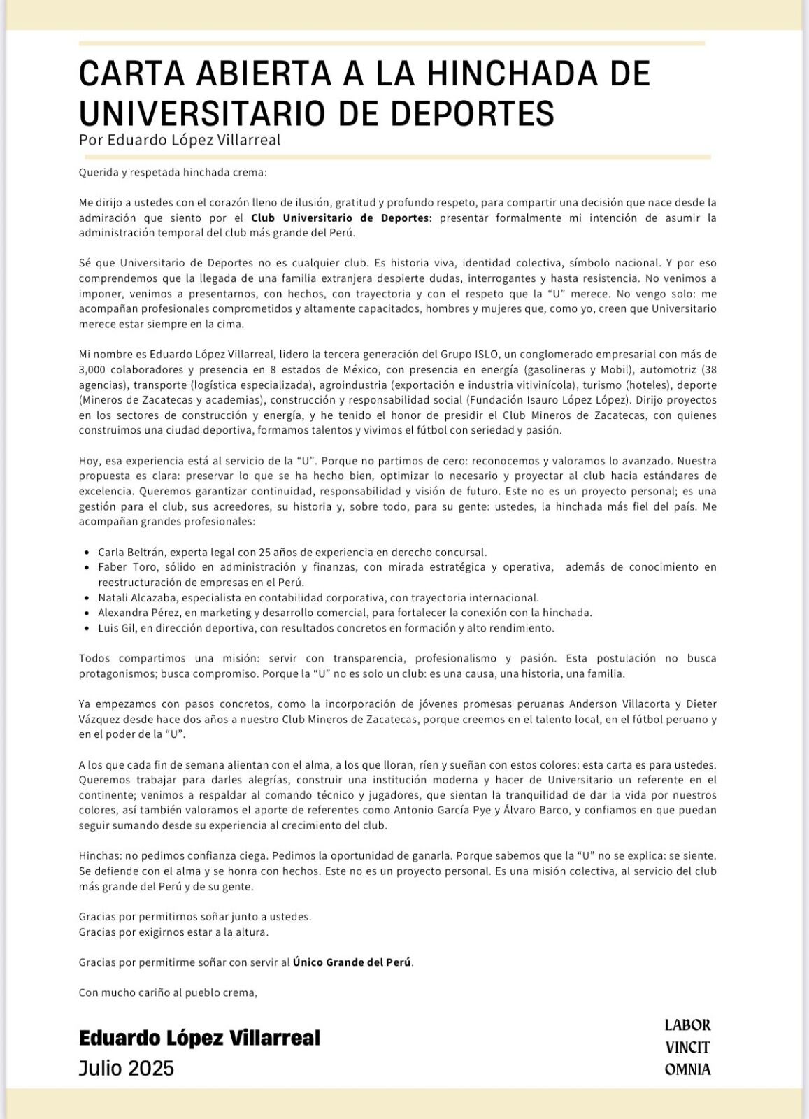 A través de sus redes sociales, comunicó sus intereses y presentó a su equipo de trabajo. (Foto: @EduardoLopezVi)