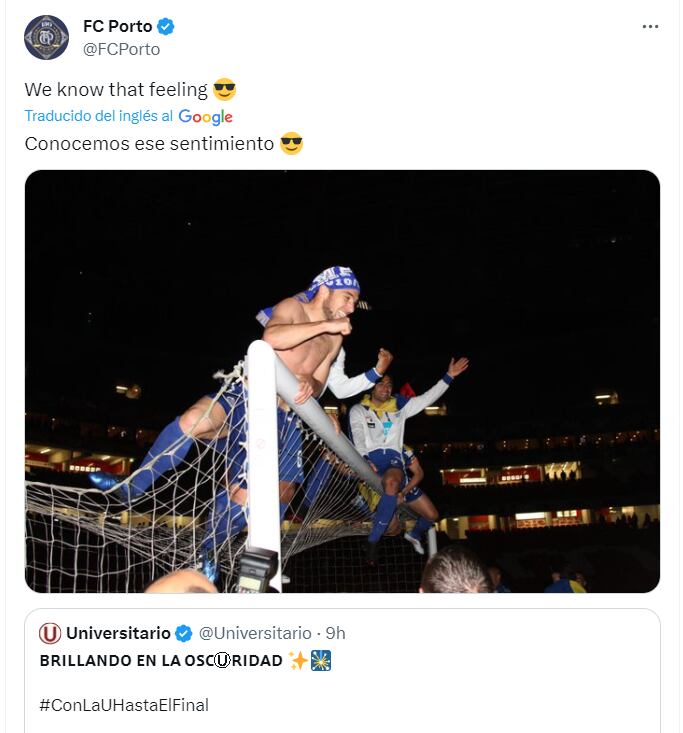 Mensaje de solidaridad del FC Porto con Universitario tras el apagón en Matute. (Captura: FC Porto)