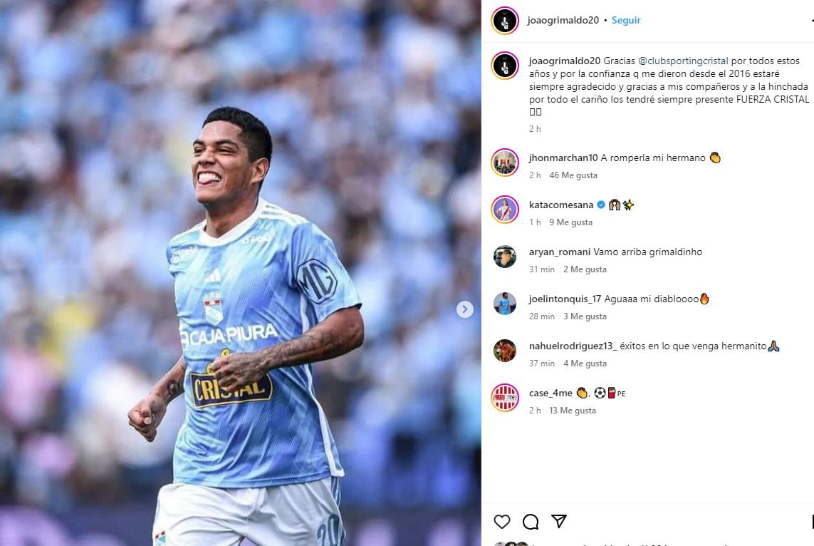 La emotiva publicación de Joao Grimaldo en las redes sociales.