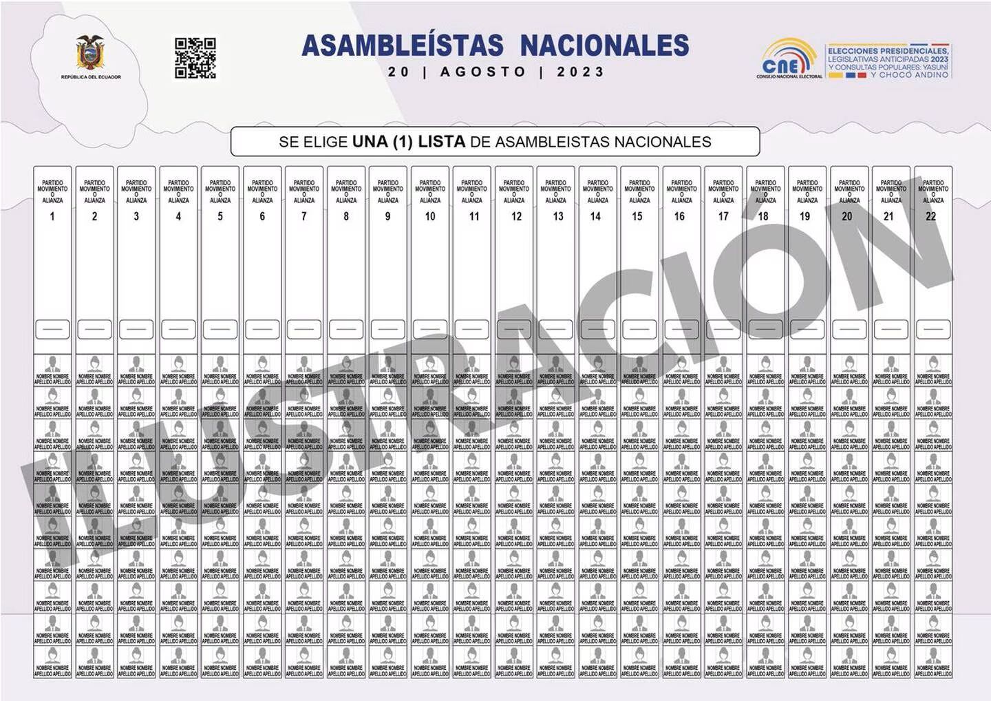 Papeleta de asambleístas nacionales para las Elecciones generales de Ecuador, 2023. | Crédito: cne.gob.ec