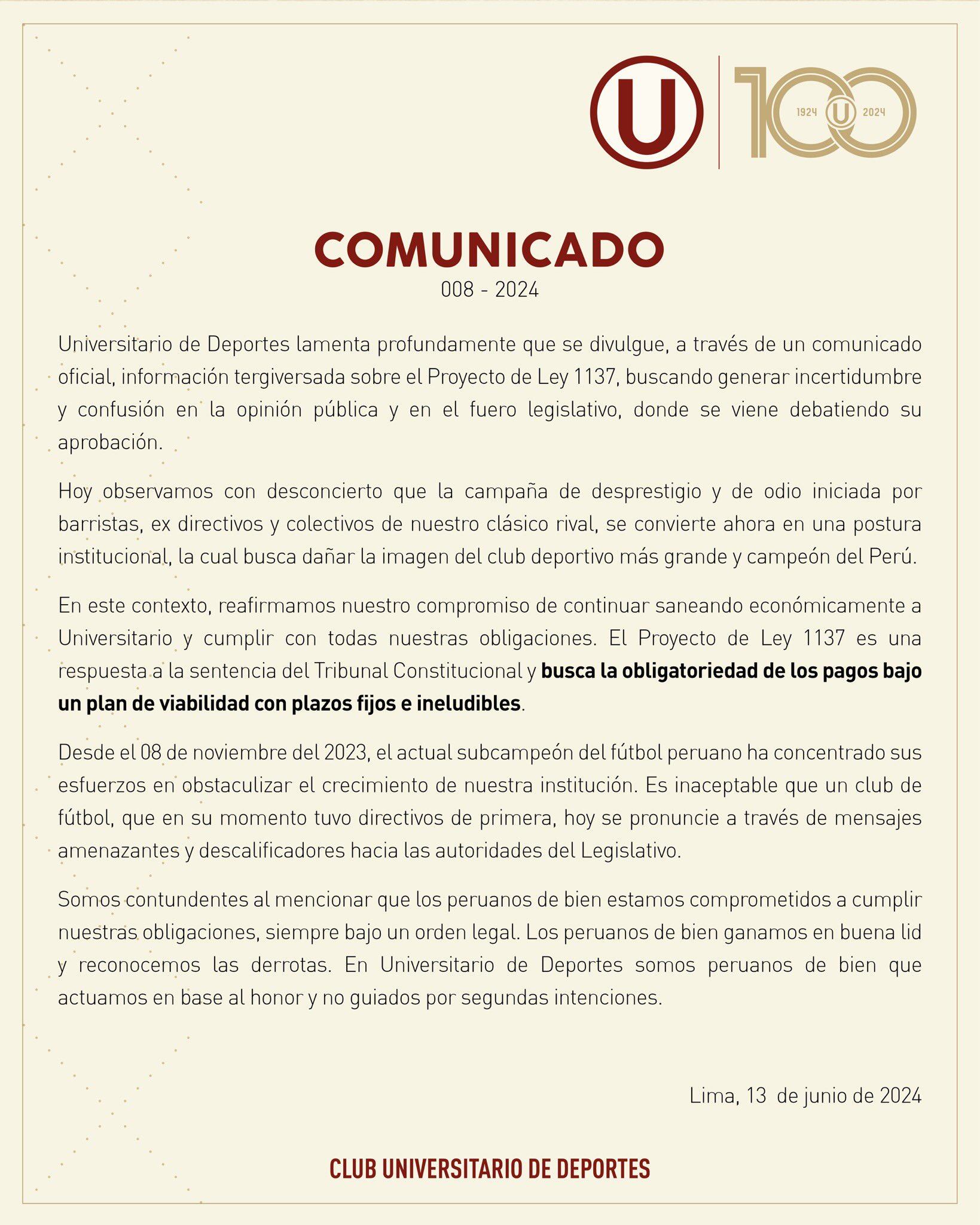 Comunicado de Universitario de Deportes sobre el Proyecto de ley N°1137. (Foto: Universitario)