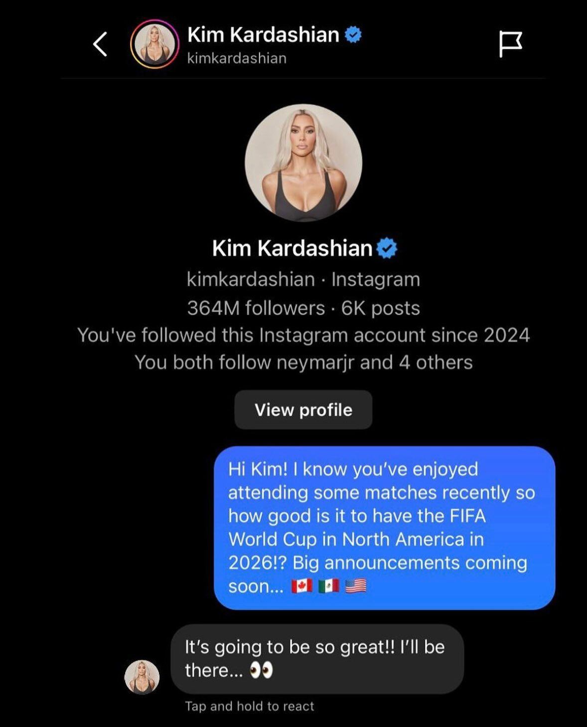 El mensaje de Infantino a Kim Kardashian en las redes sociales.