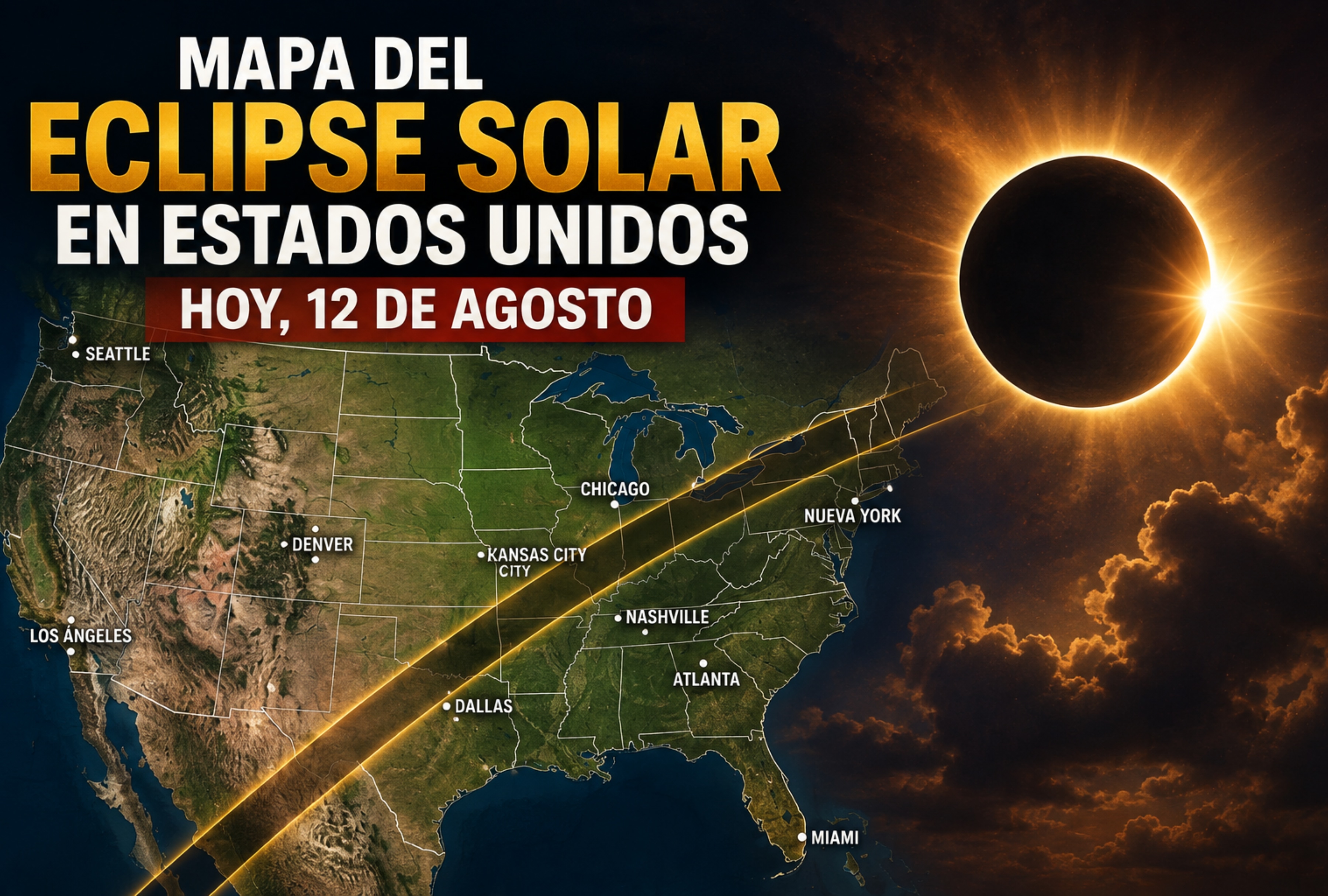 Mapa de visibilidad del eclipse solar parcial en Estados Unidos hoy, 12 de agosto. Consulta los estados del noreste y Alaska donde se podrá apreciar la sombra lunar y el porcentaje de cobertura del Sol por región. | Imagen referencial creada por Depor usando la IA de Chat GPT / GEC