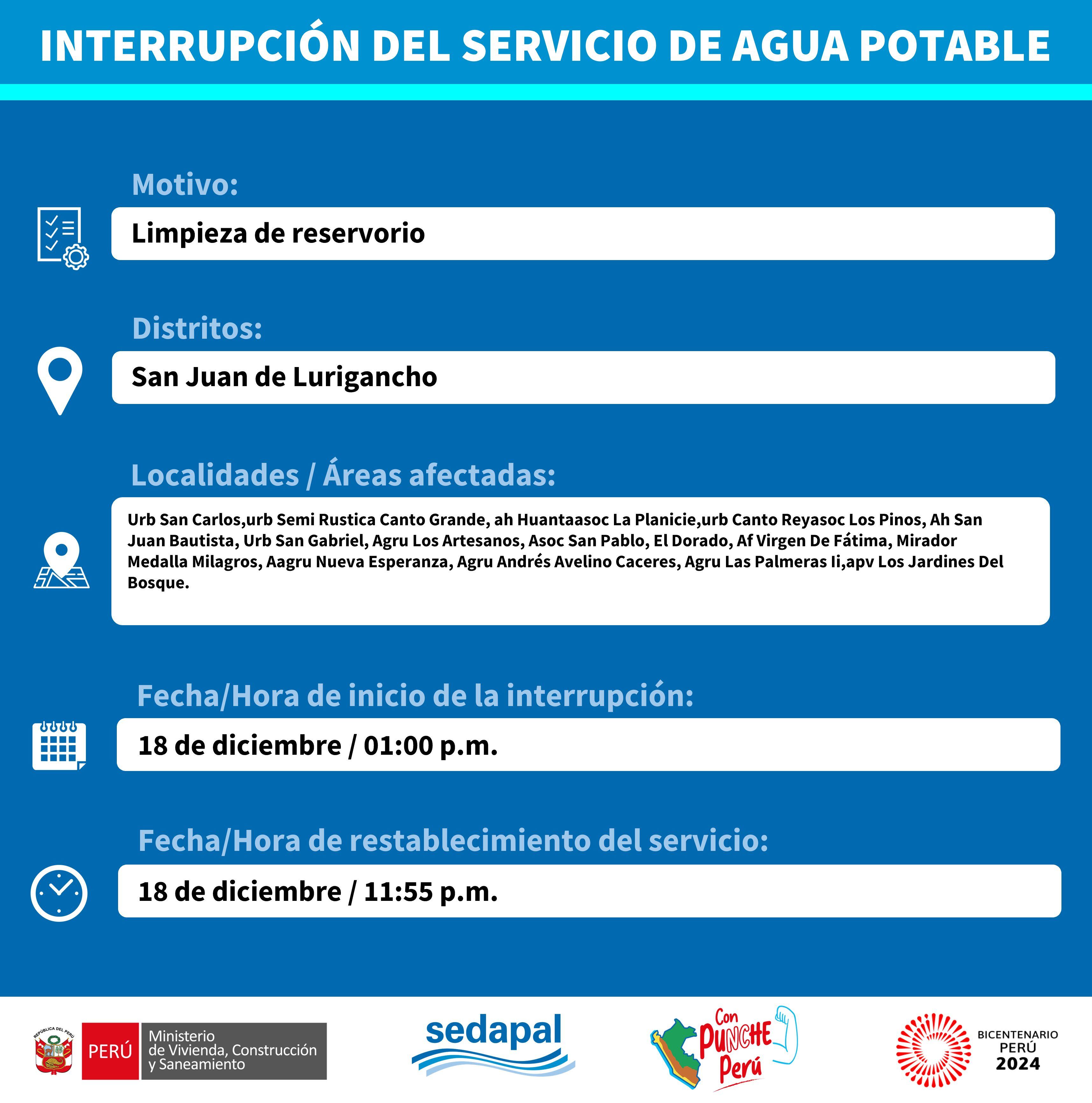 Sedapal informó qué distritos no tendrán agua este jueves 14 de diciembre. (Foto: Twitter)