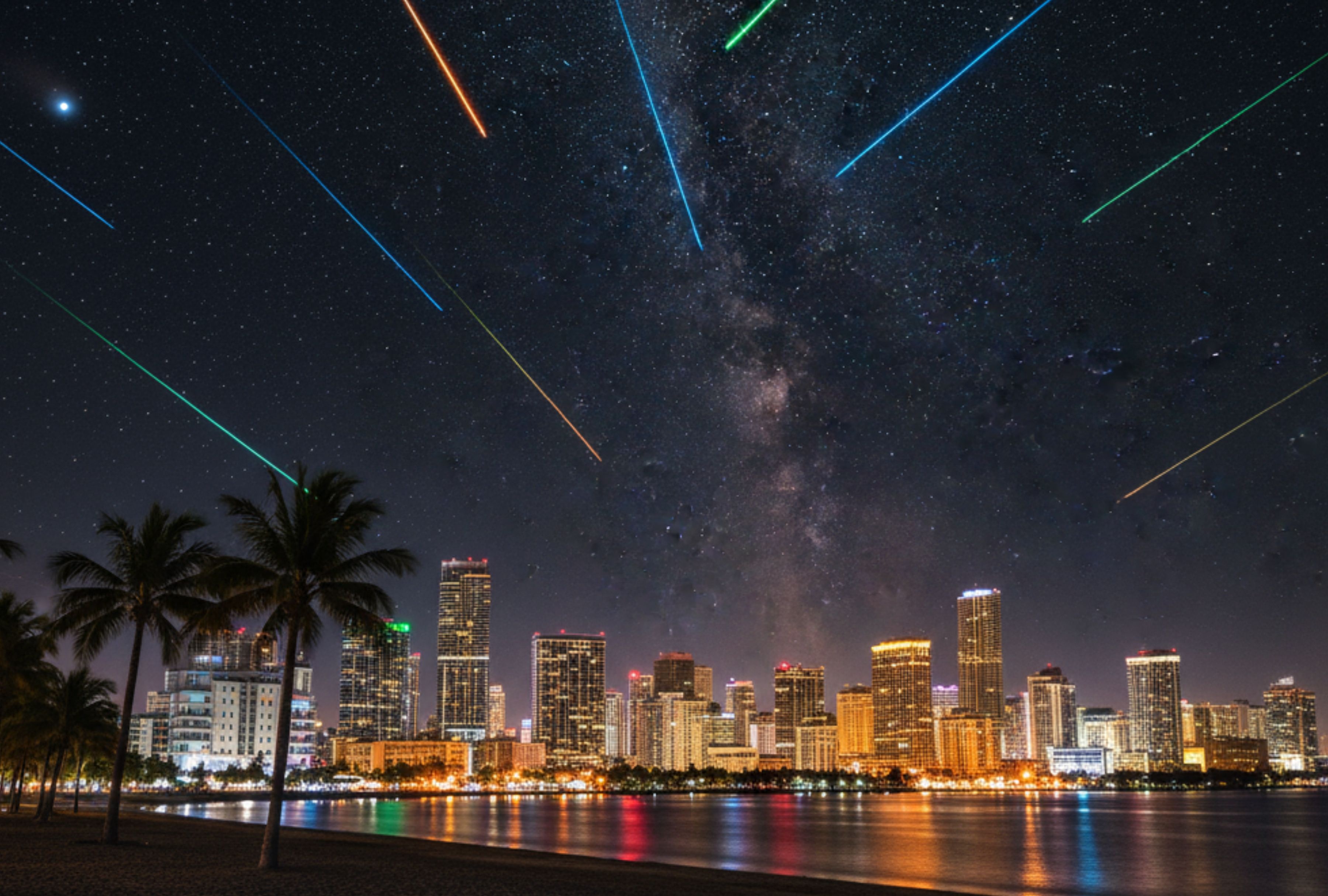 Recreation of the Geminid meteor shower over Miami. (Reference photo: Image created by GEC using Perplexity's AI)