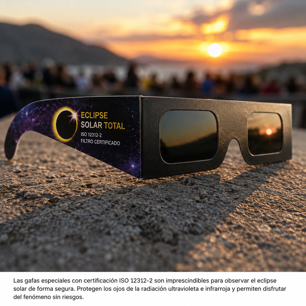 MADRID (ESPAÑA), 12/08/2026.- Las gafas especiales con certificación ISO 12312-2 son indispensables para observar el eclipse solar de forma segura y proteger la vista de la radiación solar. FOTO DE NOÉ YACTAYO