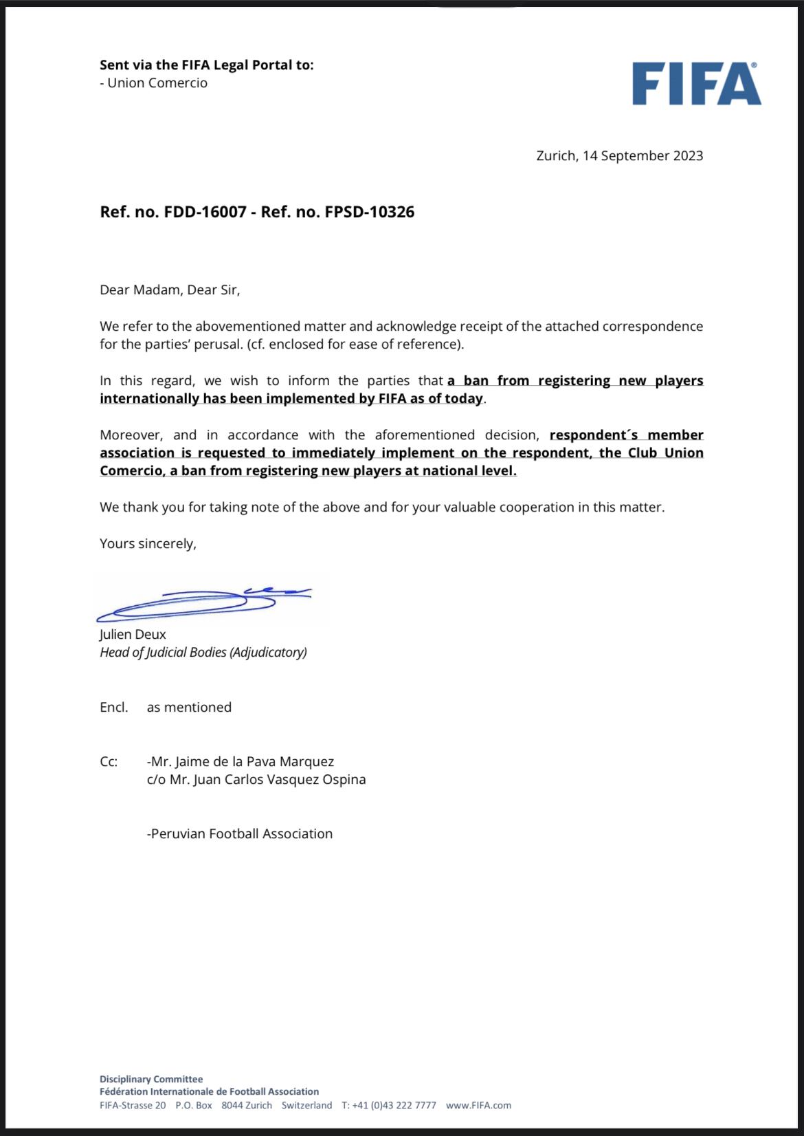 La sanción impuesta por la FIFA a Unión Comercio. (Foto: FIFA)