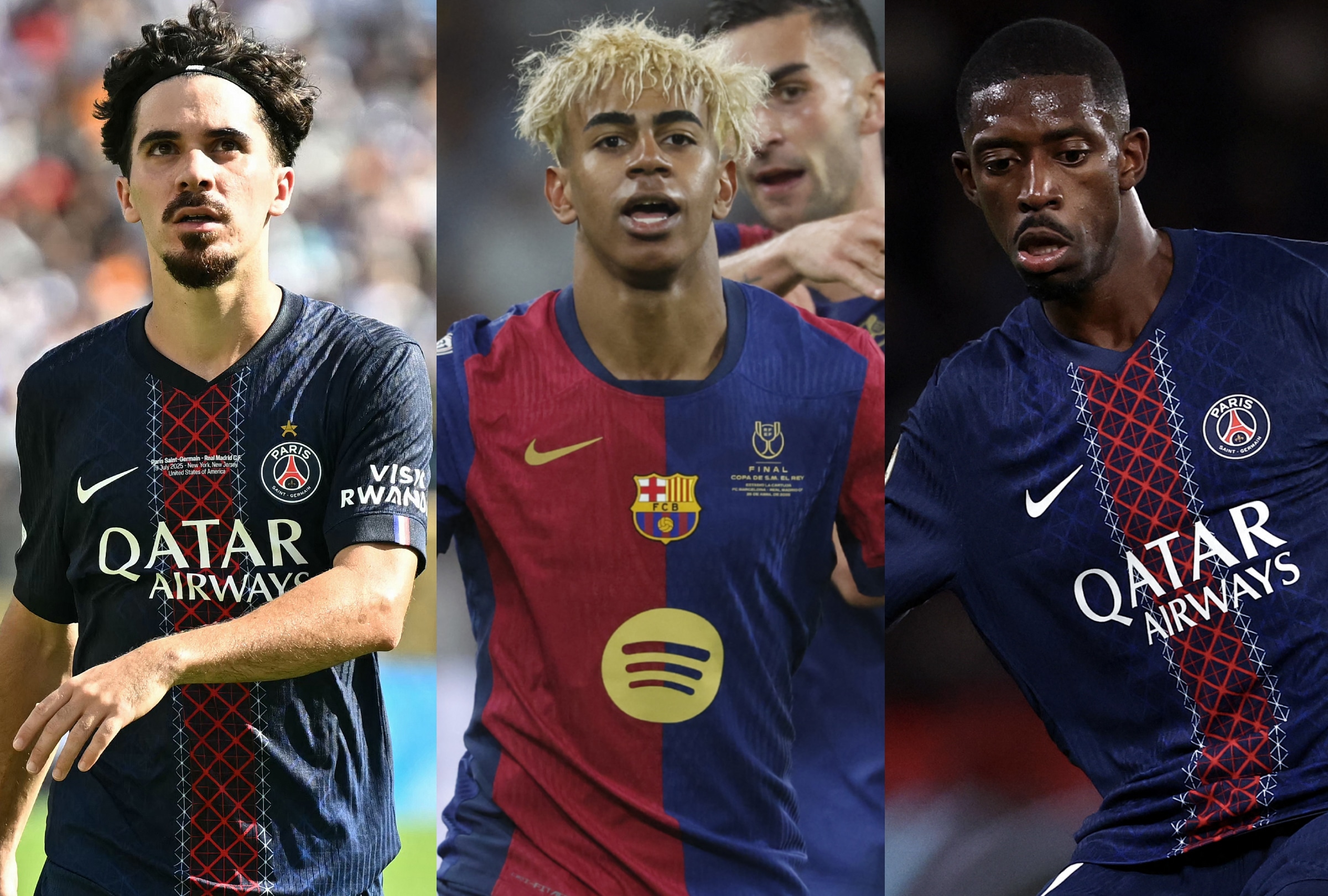 PARIS (FRANCE), 08/22/2025.- Check out the TV channels and online platforms to watch the 2025 Ballon d'Or awards ceremony live this Monday, September 22, with Vitinha, Lamine Yamal and Ousmane Dembélé, from the Théâtre du Châtelet in Paris, France. Composition by Noé Yactayo for DEPOR with photography by Paul ELLIS, Pierre-Philippe MARCOU and FRANCK FIFE (AFP)