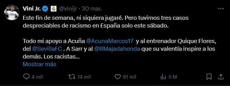Vinícius Júnior respaldó a Marcos Acuña tras los insultos racistas que sufrió por parte de un hincha del Getafe. (Foto: Captura de 'X').