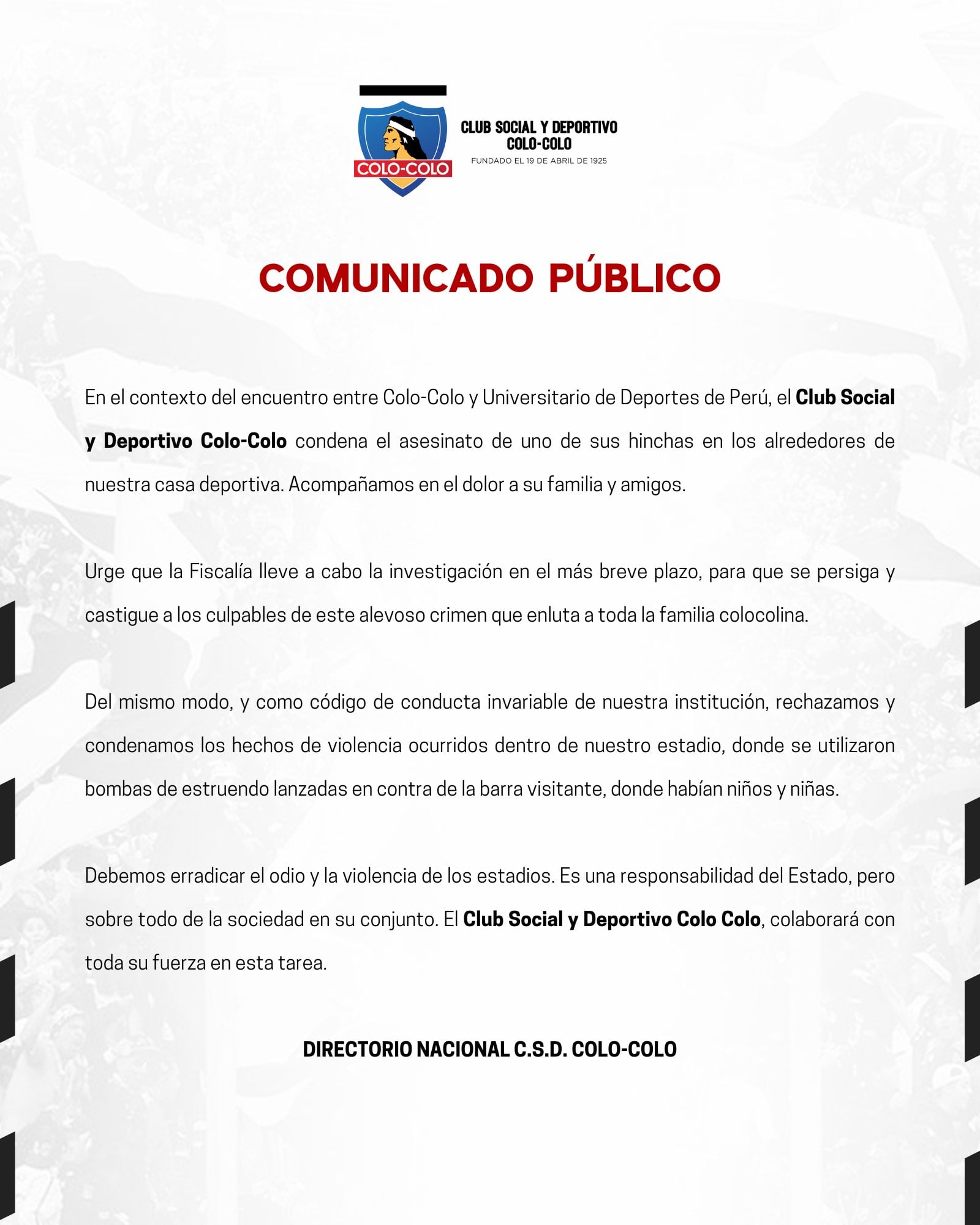 Colo Colo se manifestó por lo sucedido en el Estadio Monumental David Arellano. (Imagen: Colo Colo)