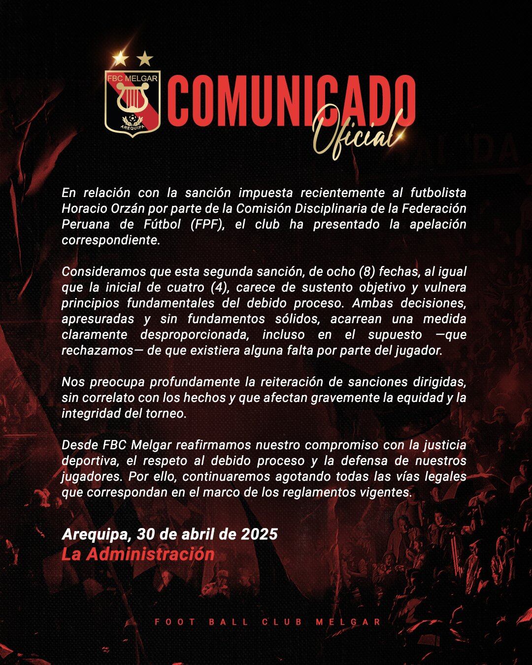 Melgar rechazó la sanción contra Horacio Orzán. (Foto: @MelgarOficial)