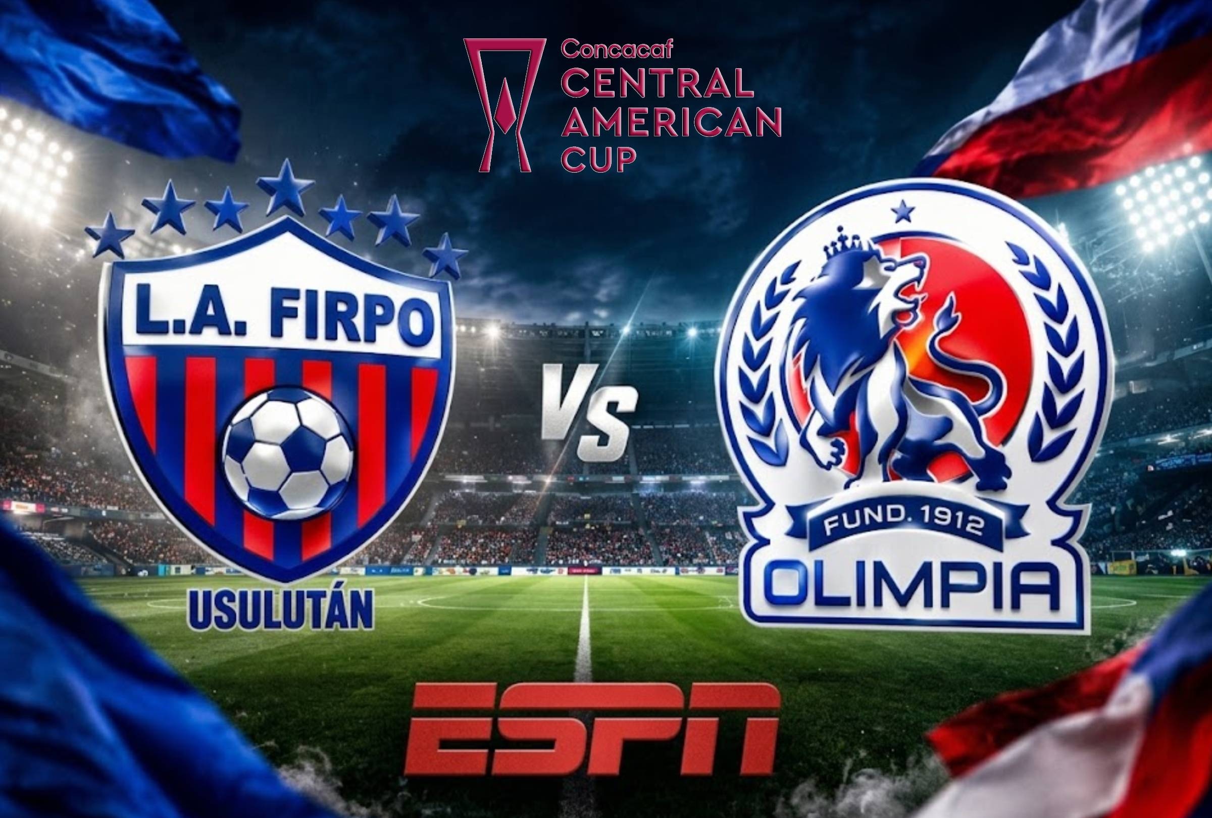 SAN SALVADOR, EL SALVADOR, (10-09-2026). ESPN y Disney Plus transmitirá EN VIVO y ONLINE el partido por los cuartos de final de la Copa Centroamericana entre Firpo vs. Olimpia desde el estadio Cuscatlán. FOTO: Imagen creada con la IA de Gemini.