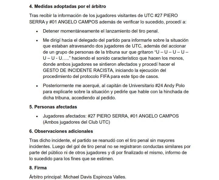 El informe arbitral de Michael Espinoza sobre el partido entre Universitario vs. UTC. (Imagen: Difusión)