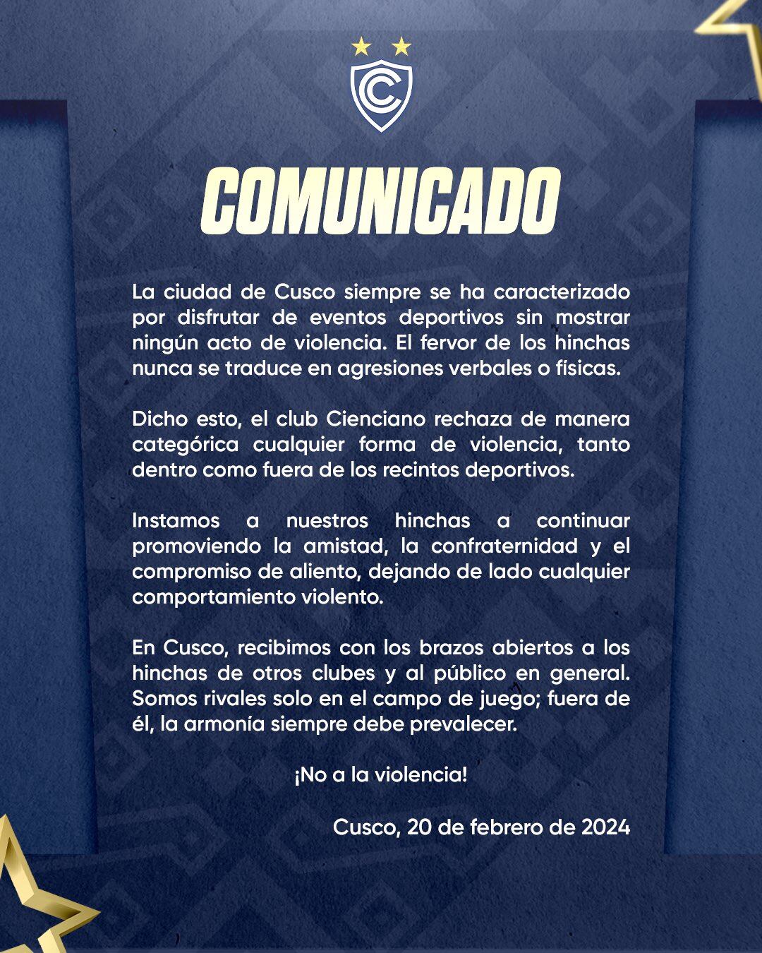 Cienciano y su comunicado, tras los actos de violencia entre barristas de Universitario y Alianza Lima. (Foto: Twitter)