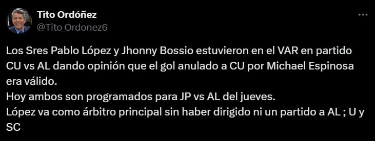 Manifiesto de 'Titp' Ordóñez en contra del arbitraje en el duelo frente a Juan Pablo II. (Foto: Captura X)