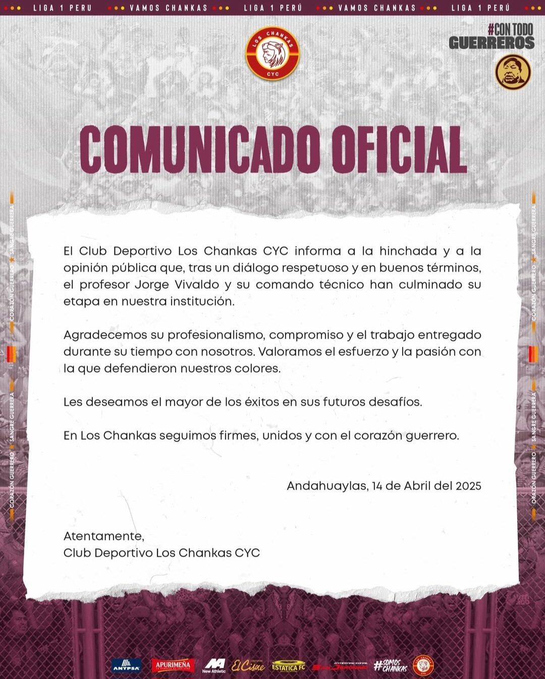 Comunicado de Los Chankas anunciando la salida de su entrenador Jorge Vivaldo.