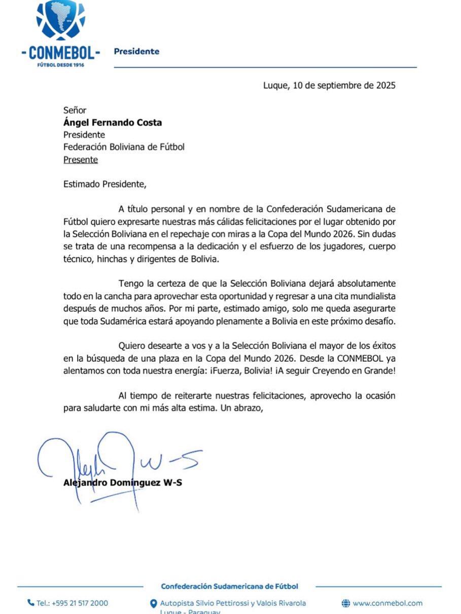 Comunicado de Alejandro Domínguez, presidente de CONMEBOL, dirigido a Bolivia y su federación de fútbol. (Imagen: FBF)