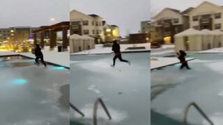 La espectacular (y dolorosa) caída de un joven que quiso cruzar una piscina congelada corriendo