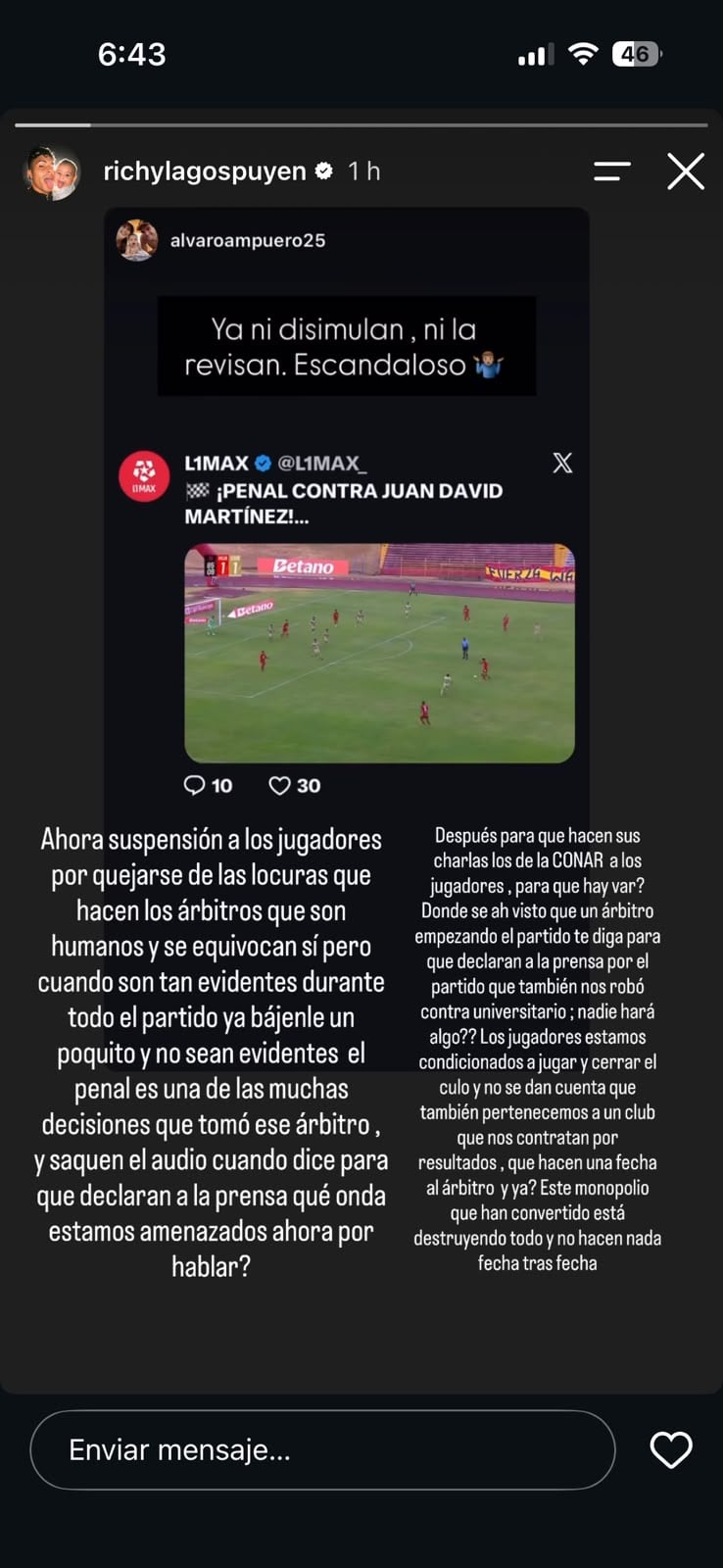 El mensaje de Richi Lagos tras polémicas arbitrales. (Foto: Captura Instagram)