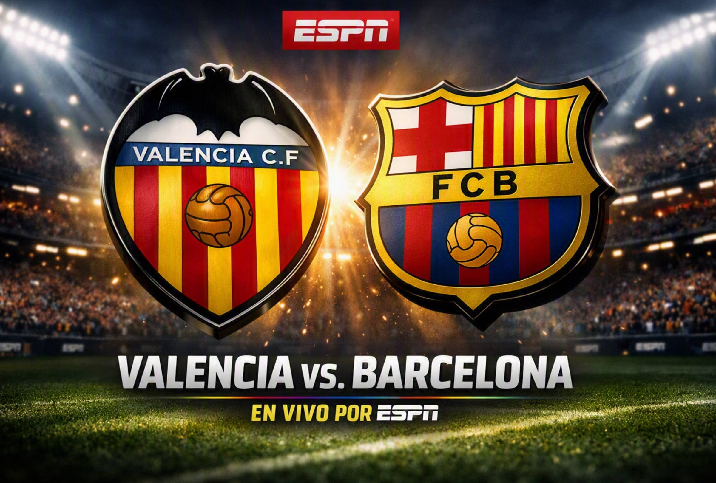 VALENCIA, ESPAÑA. Transmisión EN VIVO de ESPN para ver el partido entre Valencia vs. Barcelona por la jornada 4 de LaLiga EA Sports desde Mestalla. FOTO: Imagen creada por la IA de Copilot.