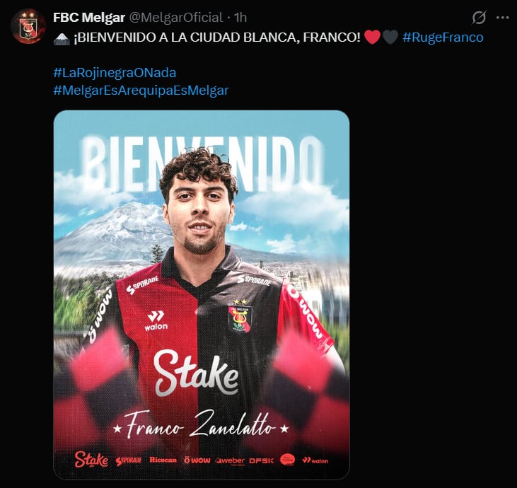 Melgar anunció el fichaje de Franco Zanelatto para el 2026. (Foto: Captura X)