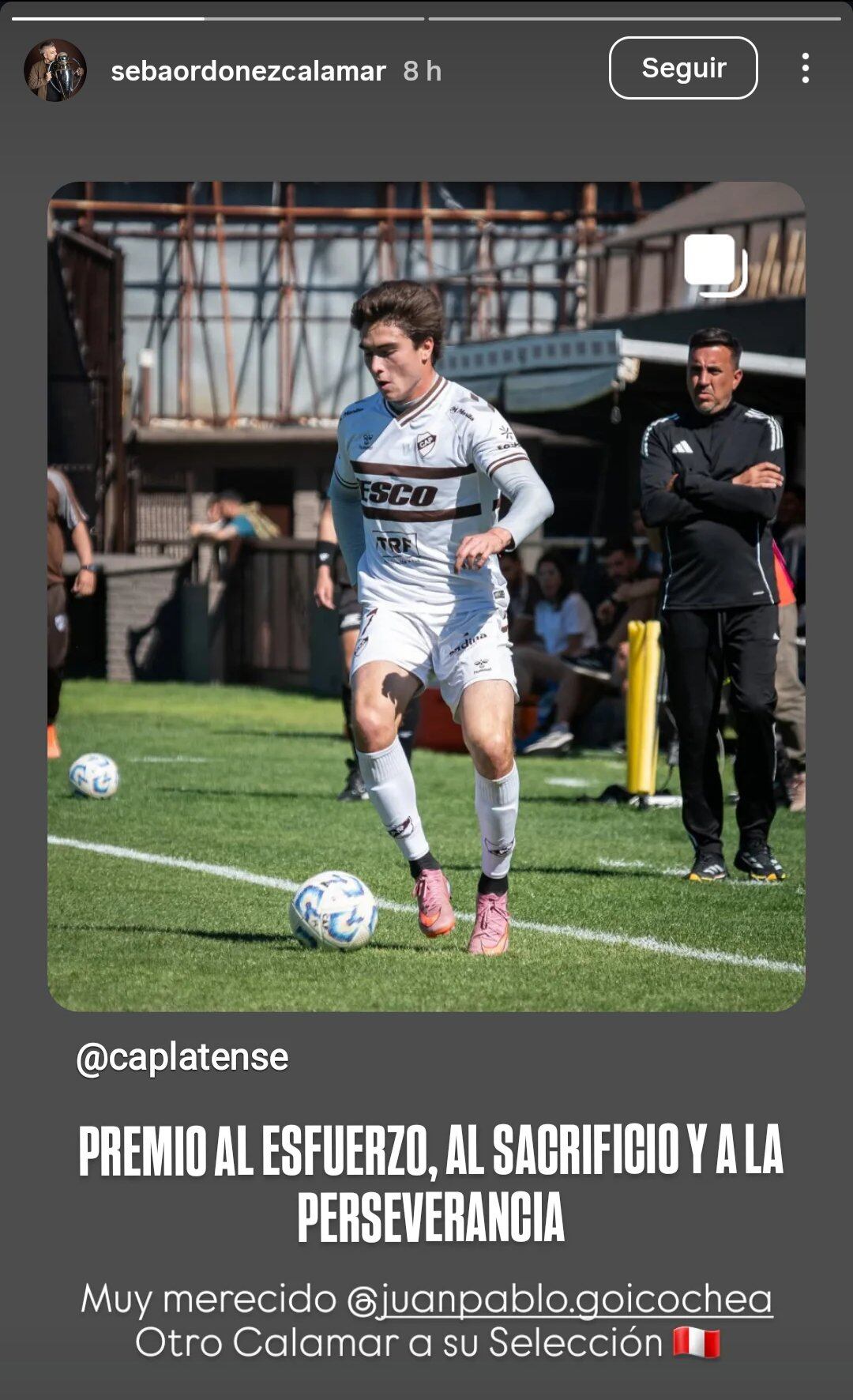 Mensaje del presidente de Platense por la convocatoria de Juan Pablo Goicochea. (Captura Instagram)