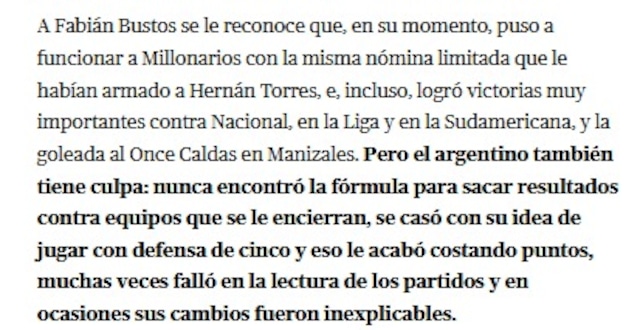 La prensa colombiana reaccionó a la eliminación de Millonarios y apuntó a Fabián Bustos. (Foto: Captura)