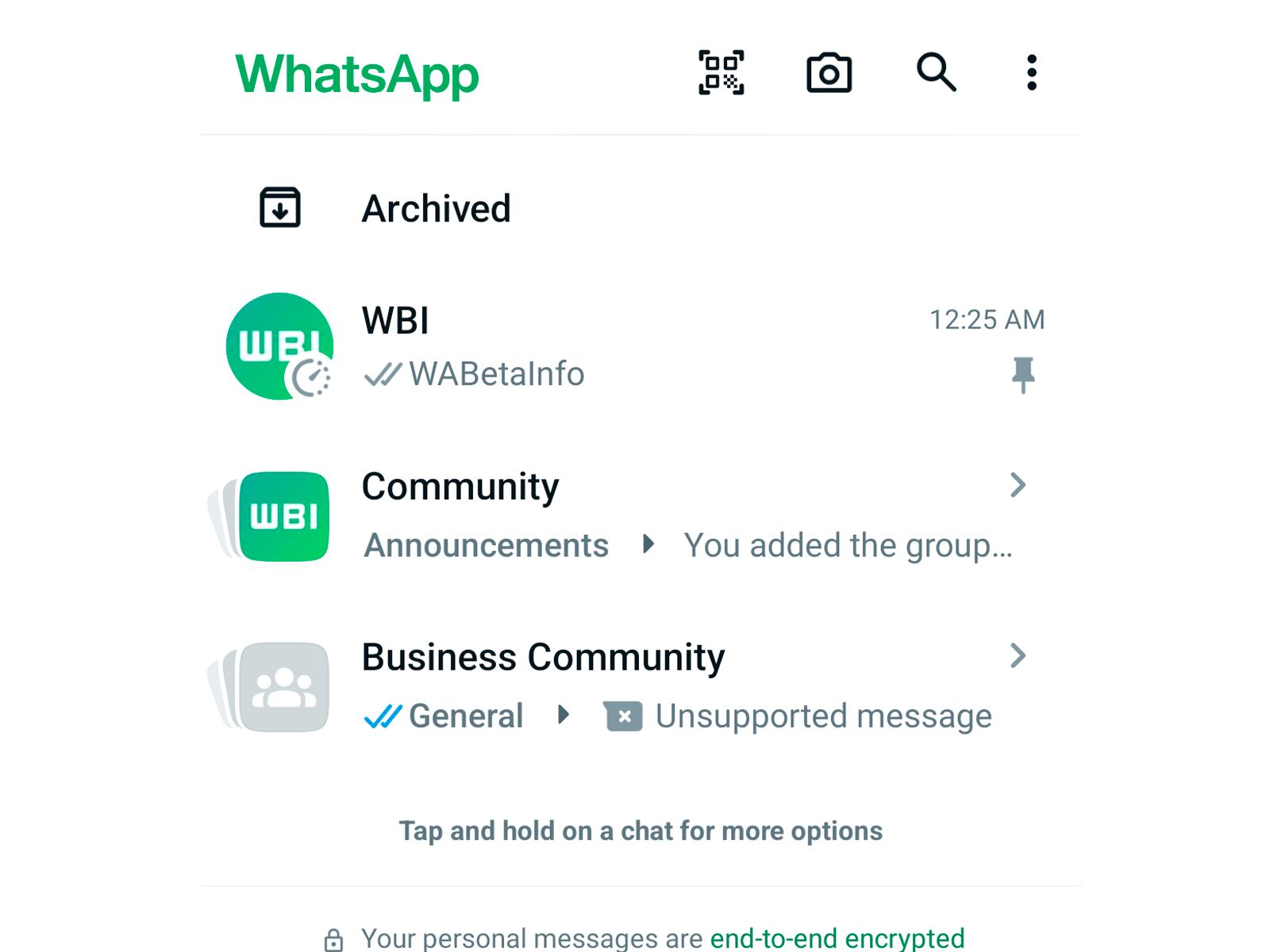 WHATSAPP | En la parte superior de WhatsApp se encuentra el nuevo botón con forma de QR. (Foto: WABeta Info)