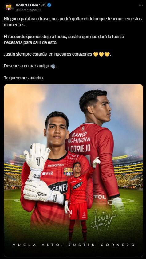 Barcelona SC comunicó el fallecimiento de Justin Cornejo. (Foto: X)