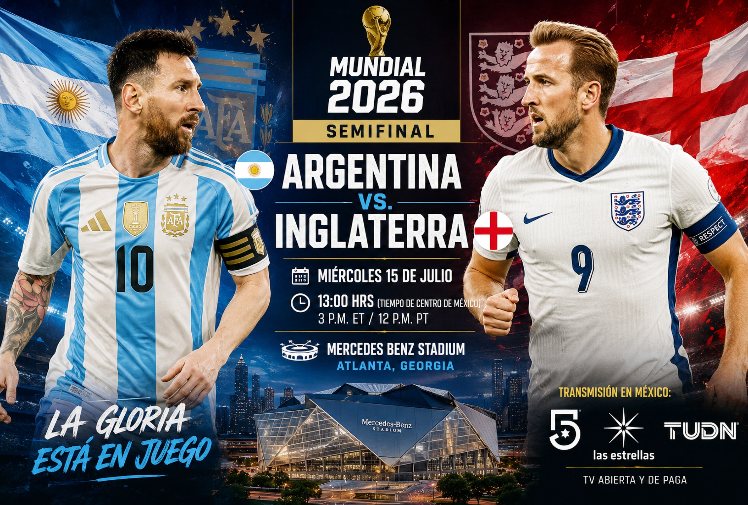 ATLANTA, GEORGIA (ESTADOS UNIDOS), 15/07/2026.- Cobertura oficial de Canal 5 y TUDN EN VIVO GRATIS para mirar el partido Argentina vs. Inglaterra hoy por la semifinal del Mundial 2026 en el Mercedes Benz Stadium de Atlanta, Georgia. FOTO DE NOÉ YACTAYO