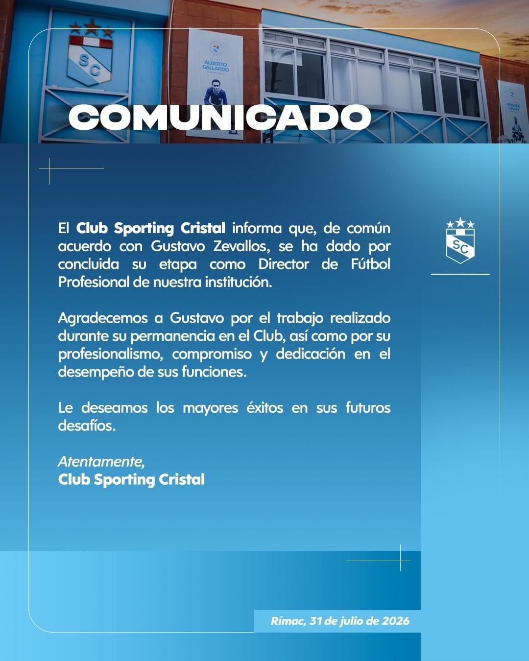 Comunicado de Sporting Cristal anunciando la salida de Gustavo Zevallos. (Foto: @ClubSCristal)