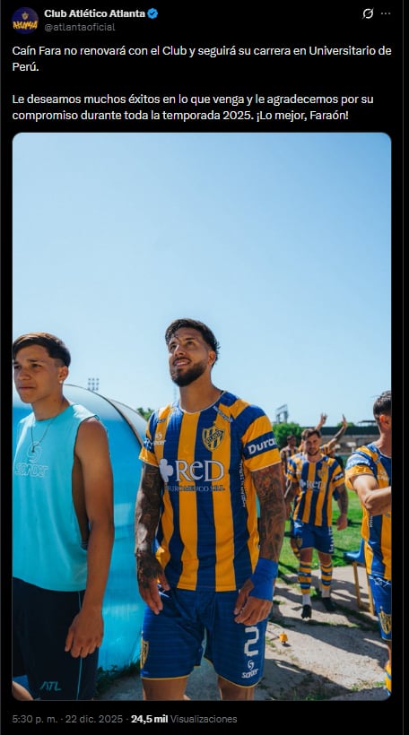 Caín Fara será nuevo jugador de Universitario de Deportes | Foto: X Club Atlanta